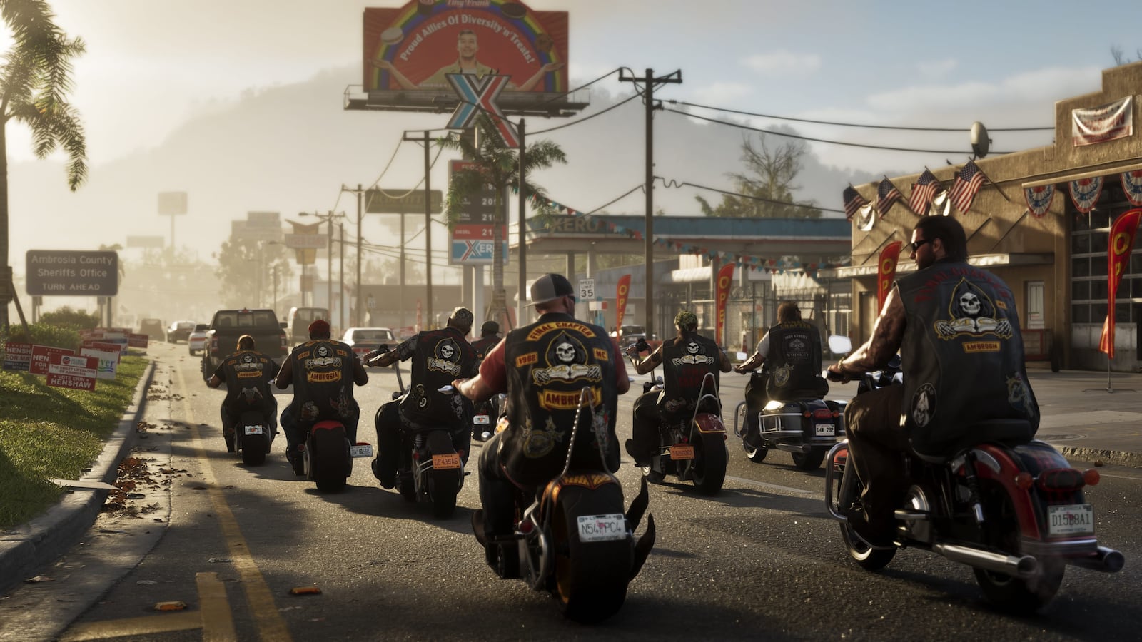 Motorcyclists riding past an Ambrosia County Sheriff’s Office sign
