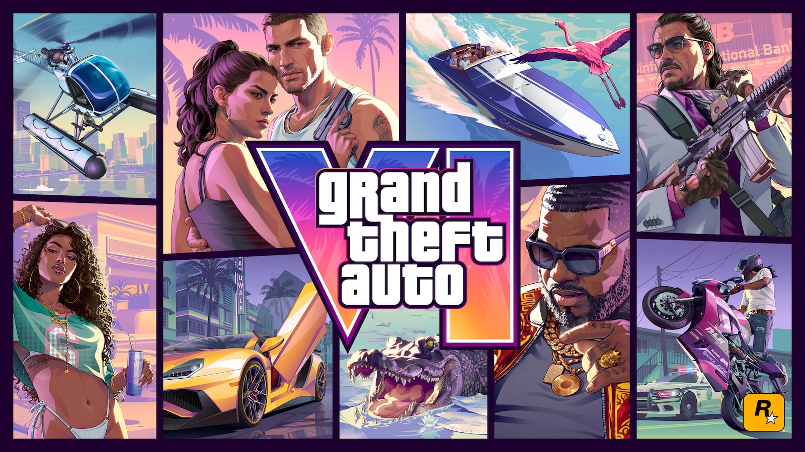 Official Grand Theft Auto VI cover artwork featuring Jason, Lucia and scenes from Leonida