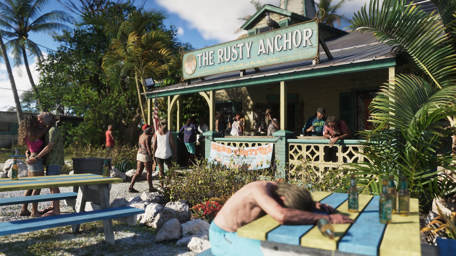 The Rusty Anchor bar beside timber piers and tropical vegetation