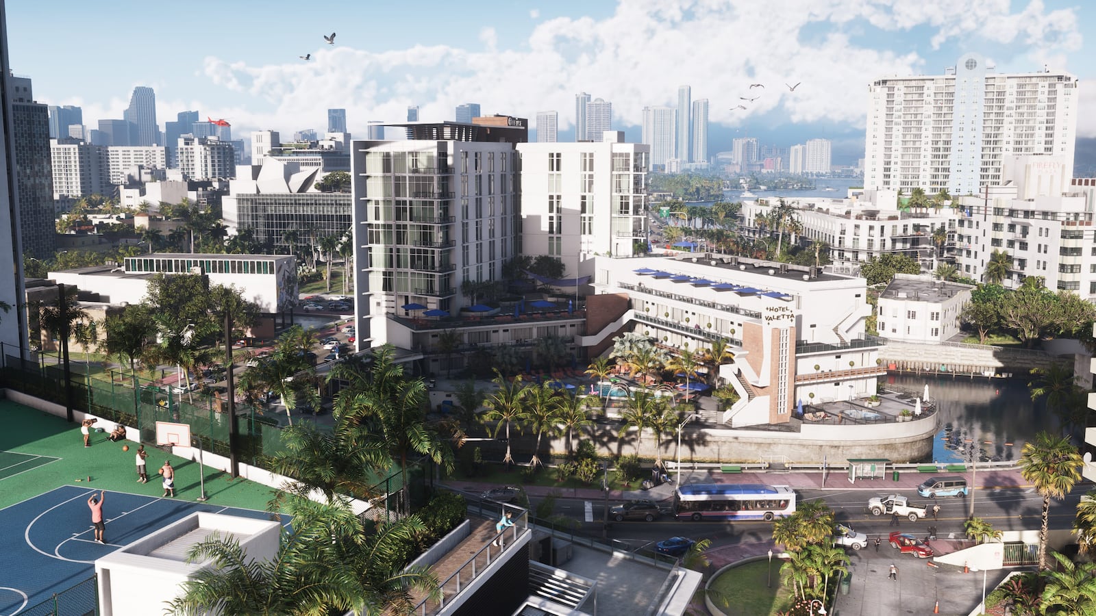 Vice City hotels, apartment towers, a canal and a waterfront road