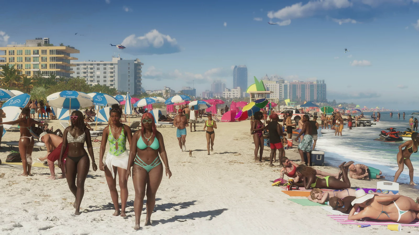 A crowded beach below hotels and towers in GTA VI Trailer 1