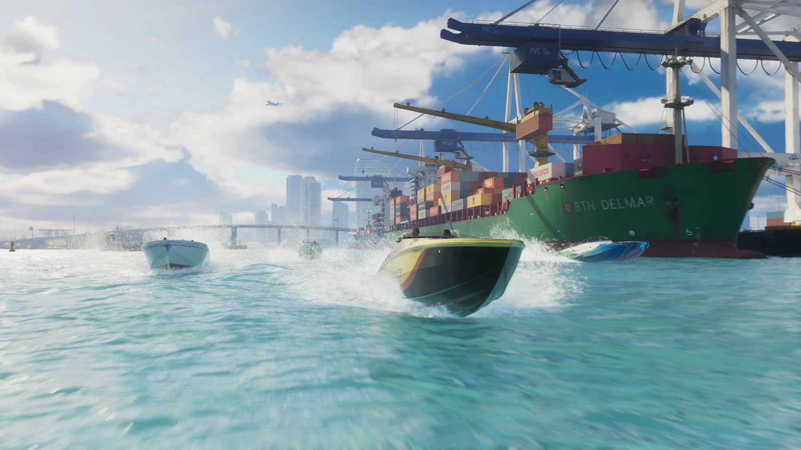 Speedboats passing a container ship and port cranes in GTA VI Trailer 1