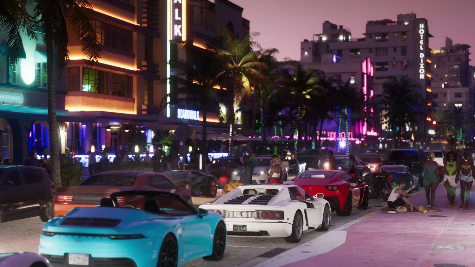 A neon hotel strip with Hotel Dixon and Boardwalk signs in GTA VI Trailer 1