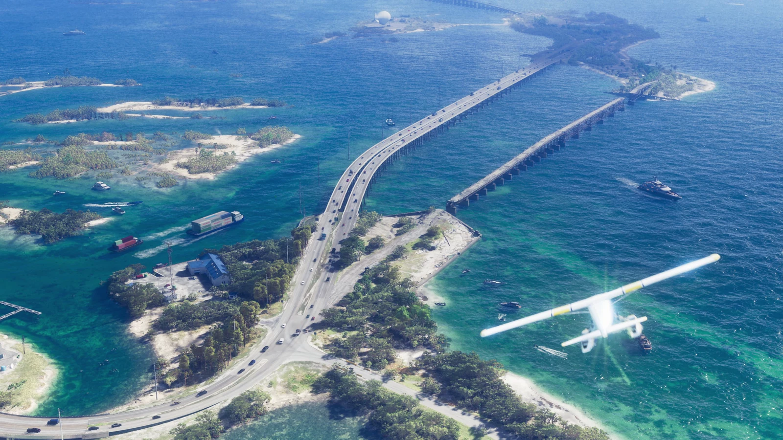 A long causeway crossing low islands and shallow water in GTA VI Trailer 1