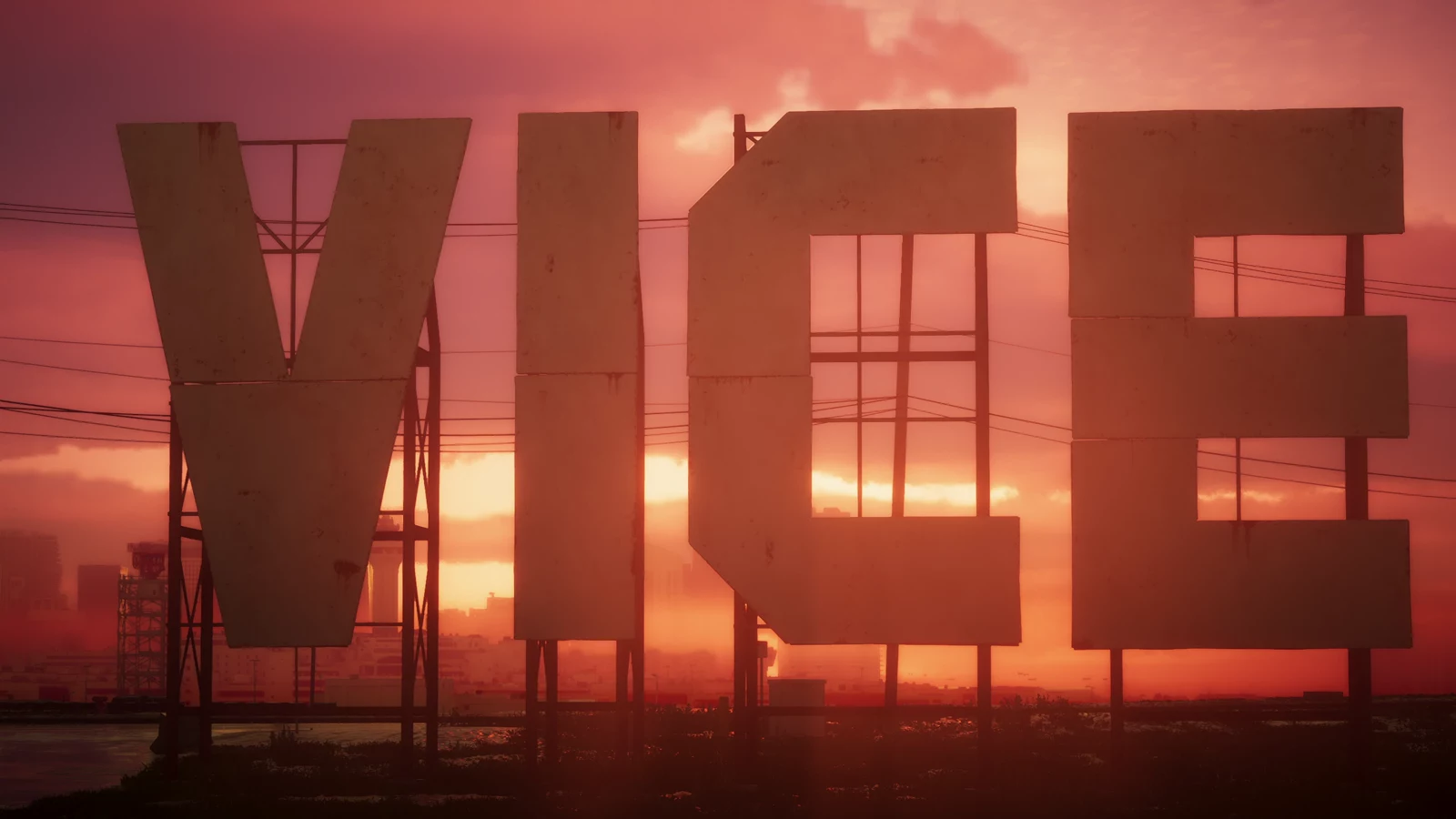 The large VICE landmark sign silhouetted at sunset in GTA VI Trailer 1