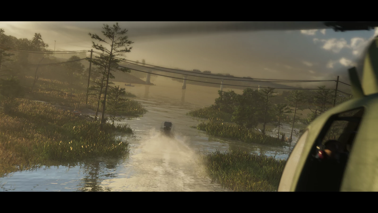 An airboat traveling through shallow marsh channels below a low bridge in GTA VI Trailer 2