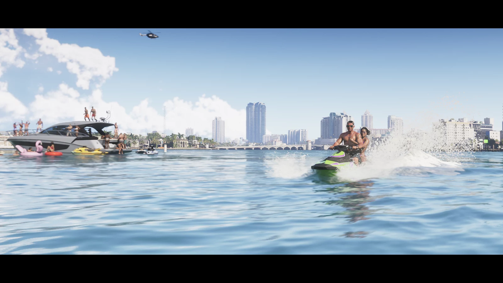 Jason and Lucia riding a personal watercraft with the Vice City skyline behind them